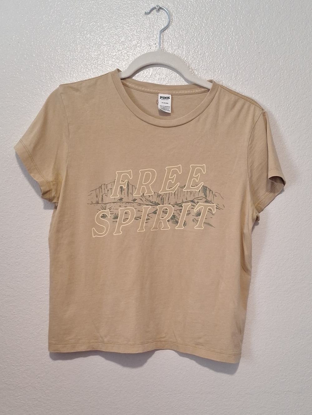 PINK Victoria's Secret Tan Cropped Crewneck 100% Cotton Lightweight Tee, Medium
